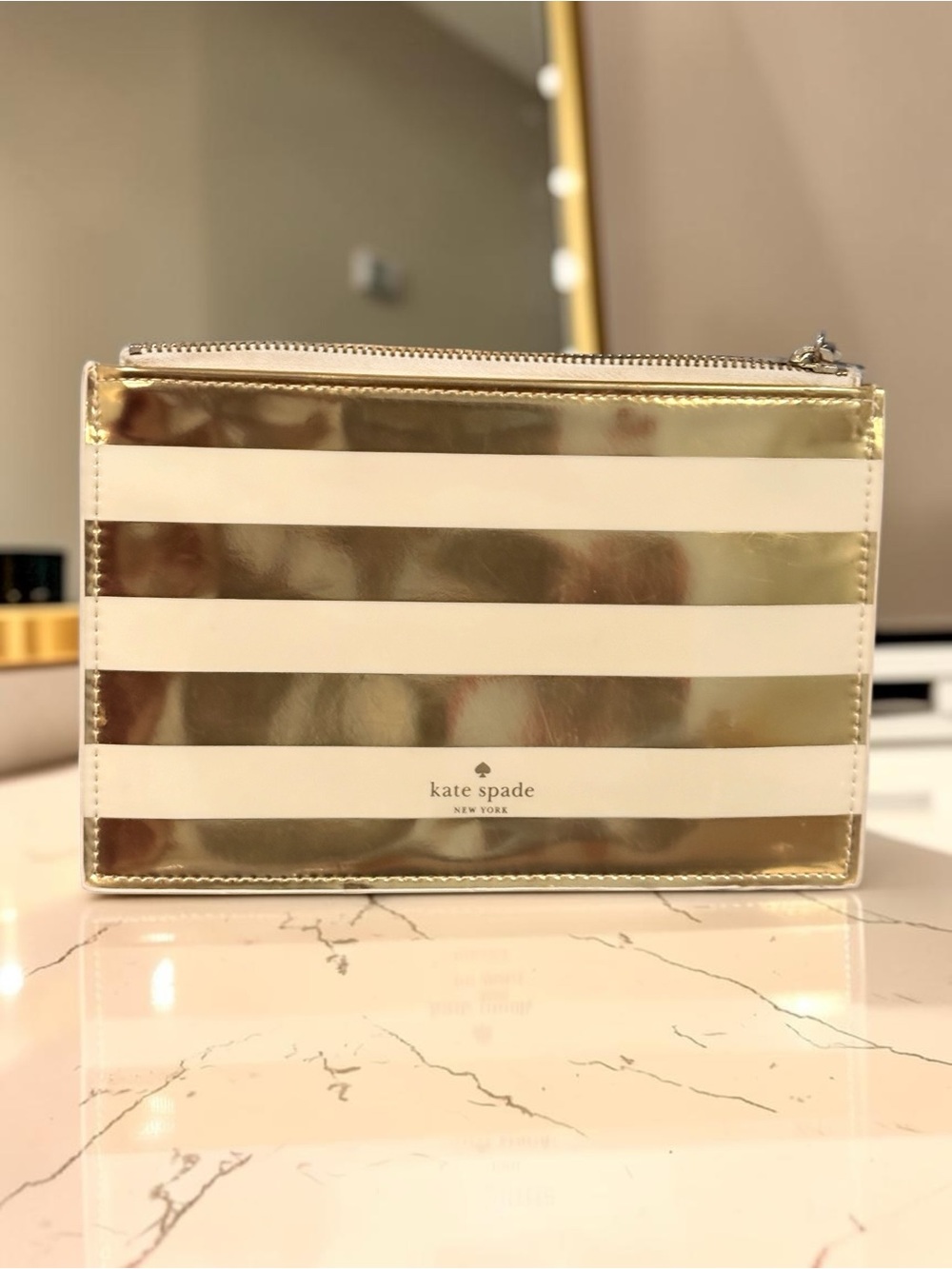 kate spade Metallic Gold and White Striped Cosmetic Pouch/Clutch Gold Hardware